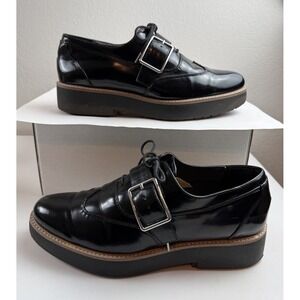 Zara Womens Black Patent Leather Chunky Platform Oxford Buckle Shoe Sz 40/9-9.5
